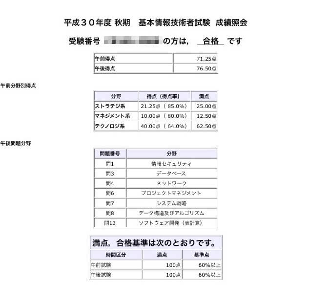 平成30年度秋期 基本情報技術者試験 合格